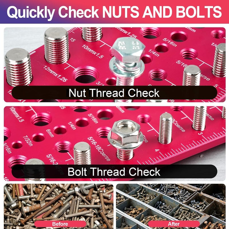 AQYY 51-in-1 Bolt Size Finder & Thread Checker, 32 Metric & 32 SAE Nut and Bolt Thread Gauge with 19 Drill Bit Checker, CNC-Machined Aluminum Screw Size Chart, Go/No-Go ANSI Standard, Non-Slip Base - Image 3